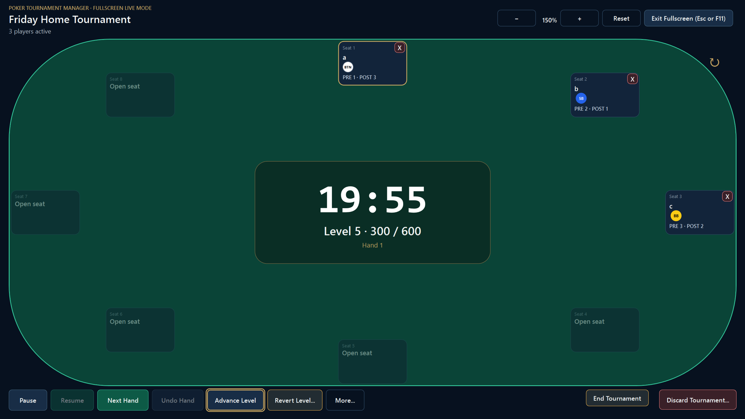 Fullscreen table-centric tournament workspace showing the timer, blind level, live positions, action order, player status, and routine controls.