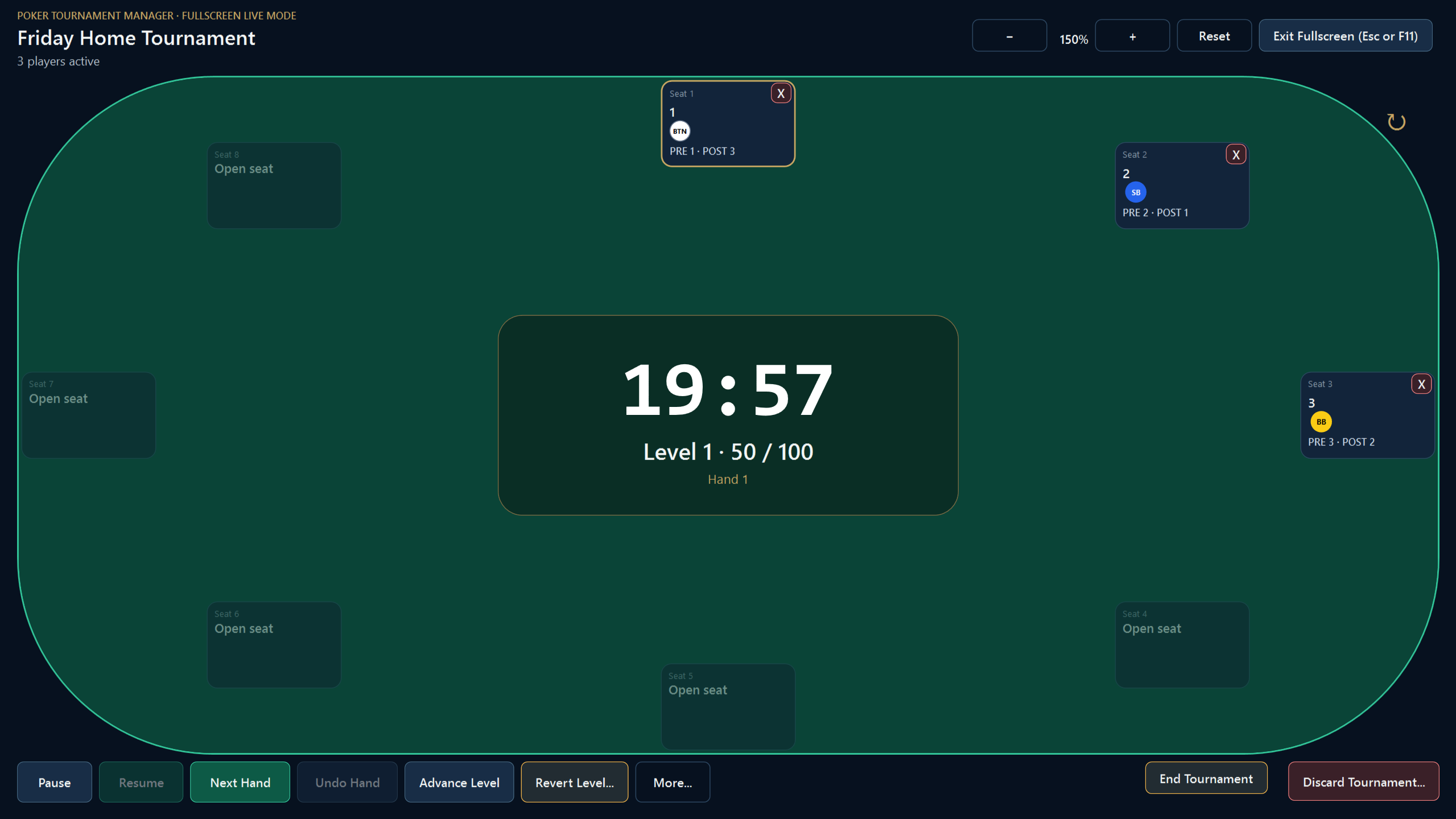 Fullscreen tournament workspace showing a newly created second tournament with an active countdown.