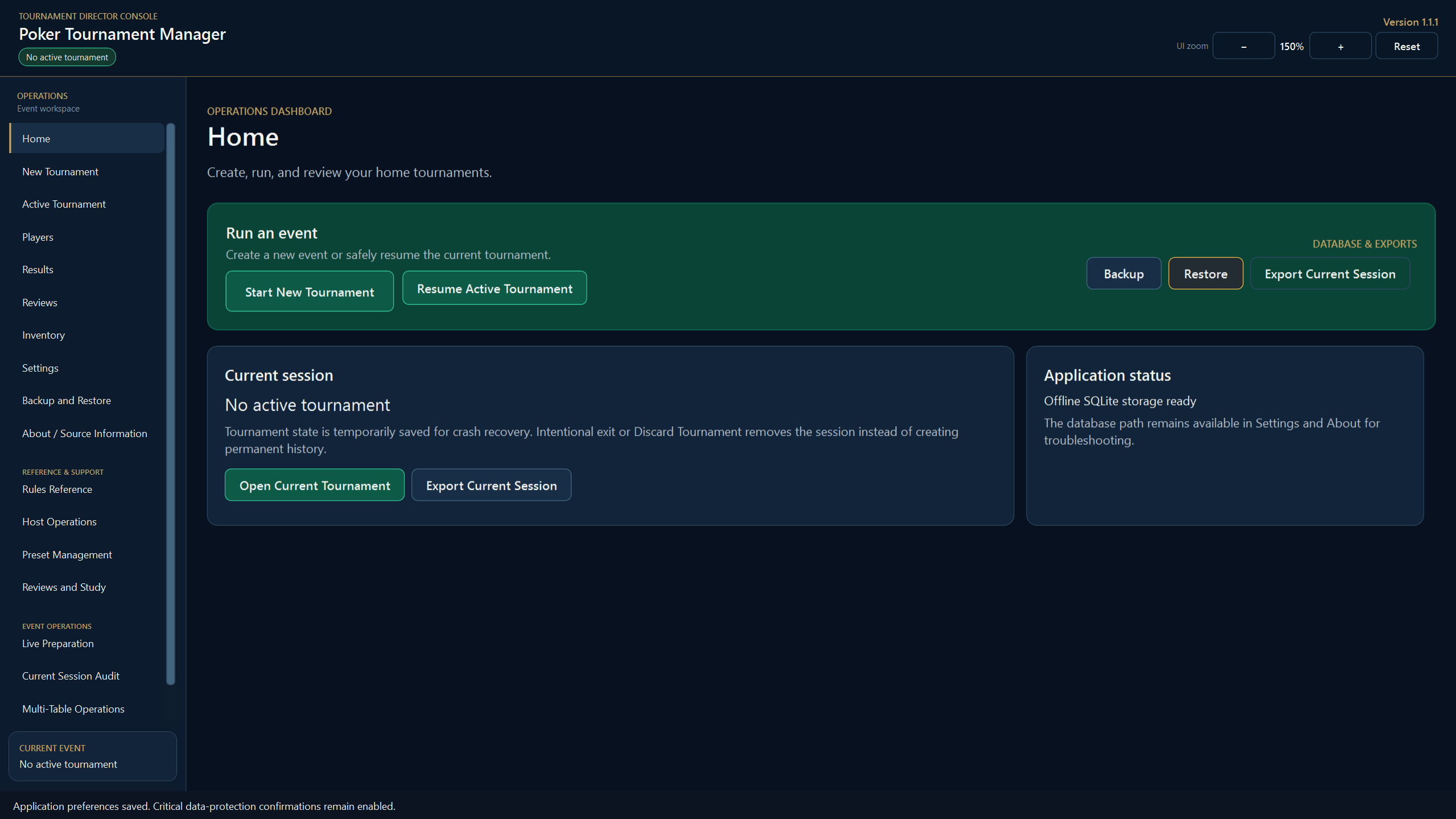 Poker Tournament Manager v1.1.1 Home dashboard showing tournament creation, recovery, backup, restore, and export controls.
